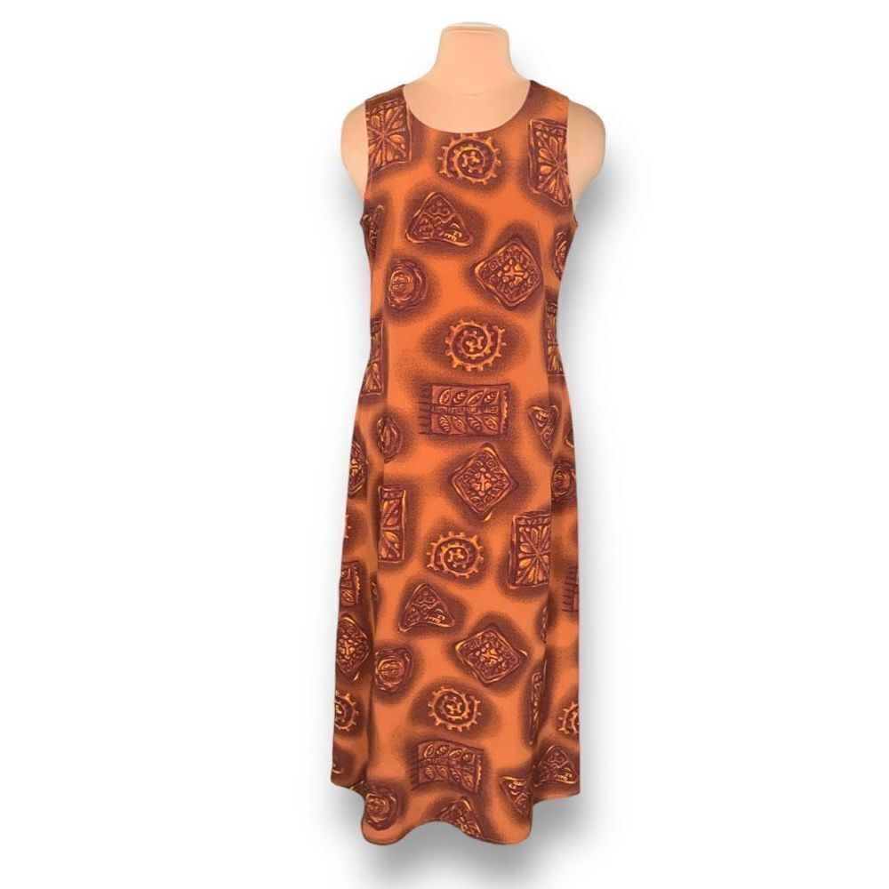 Vintage 90s Maxi Dress Orange Brown Abstract Art Printed Sleeveless Scoop Neck